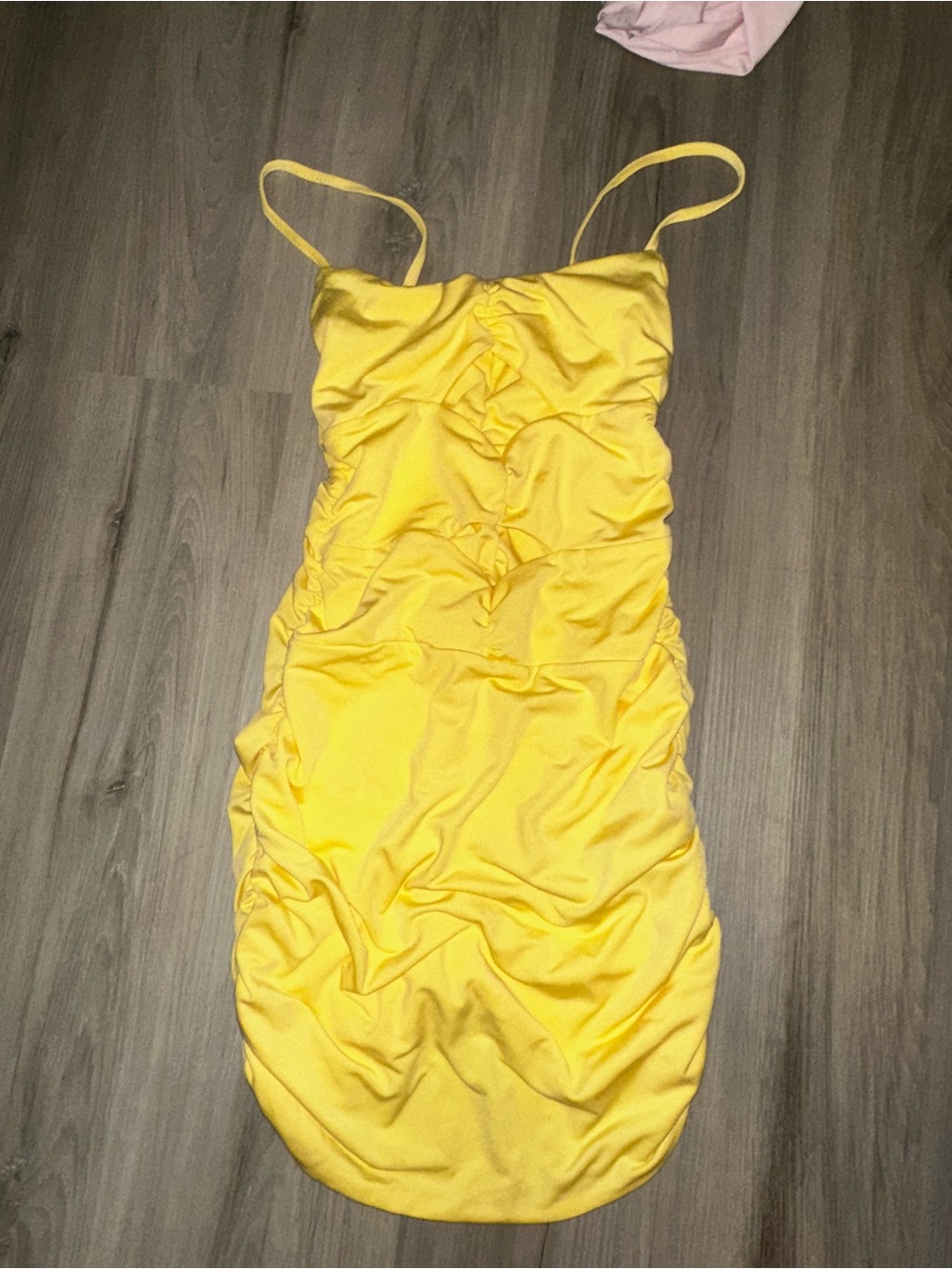 SHEIN Yellow Ruched Spaghetti Strap Mini Dress